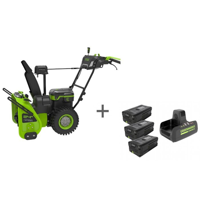 Снегоуборщик аккумуляторный 82V GREENWORKS GD82ST56 + три аккумулятора GD-82 82V G82B5 и зарядное устройство на 2 слота G82C2 82V по СПЕЦИАЛЬНОЙ ЦЕНЕ