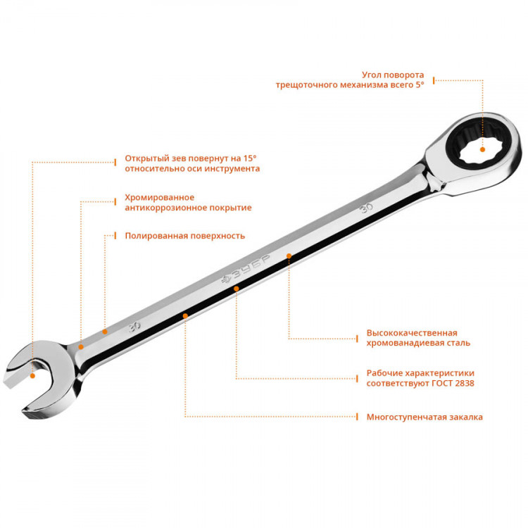 Комбинированный гаечный ключ ЗУБР 27074-30