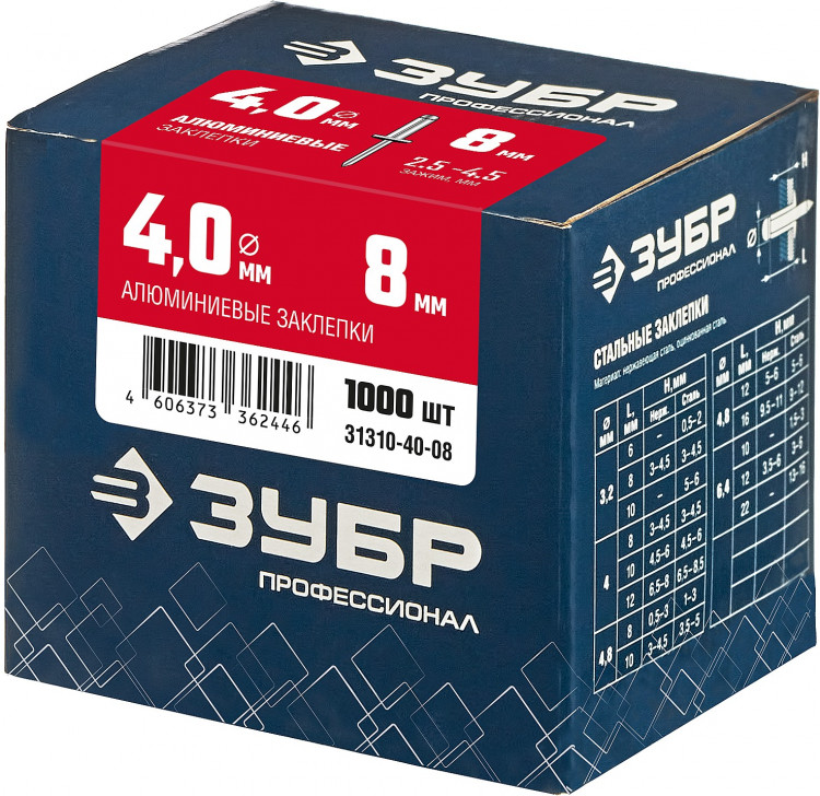 Алюминиевые заклепки ЗУБР 31310-40-08