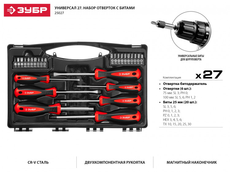 Набор отверток с битами "Универсал 27" ЗУБР 25027