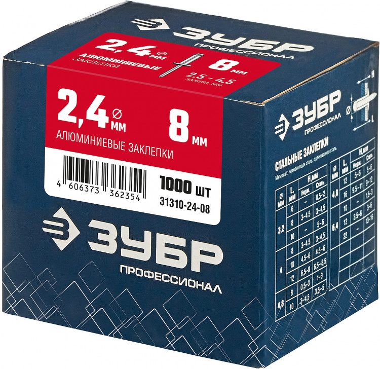Алюминиевые заклепки ЗУБР 31310-24-08