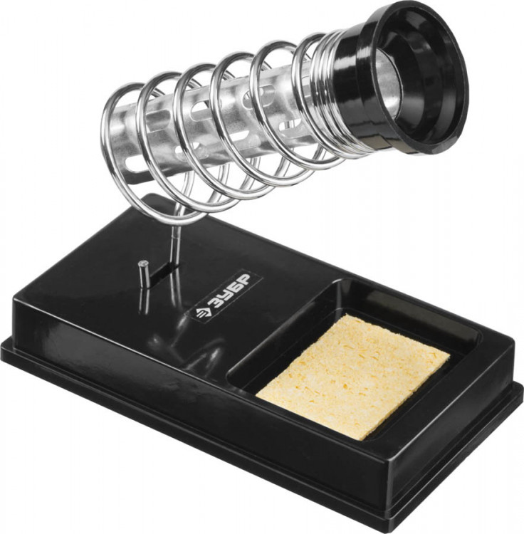 Подставка для паяльника пластиковая ЗУБР 55465 применяется для безопасности при паяльных работах. Направляющая подставки сделана так