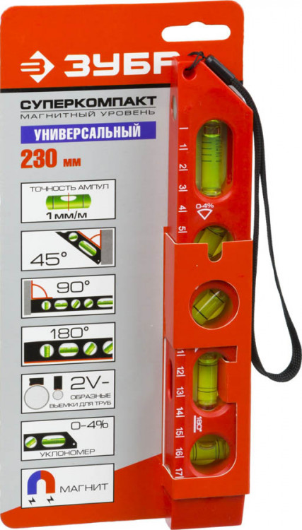Уровень магнитный строительный ЗУБР 3455_z01 предназначен для контроля горизонтальности и вертикальности поверхностей. Четыре ампулы: горизонталь