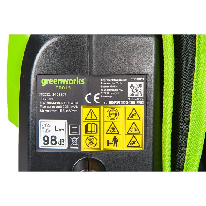 Ранцевый Воздуходув, аккумуляторный GreenworksGD60BPB, 60V, без АКБ и ЗУ