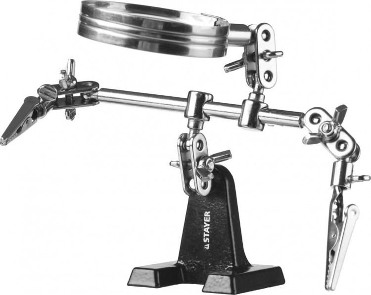 Штатив для фиксации электронных плат с увеличительной линзой STAYER 55339 освобождает руки и позволяет легко осуществлять паяльные работы на   электронной плате при помощи зажимов для крепления