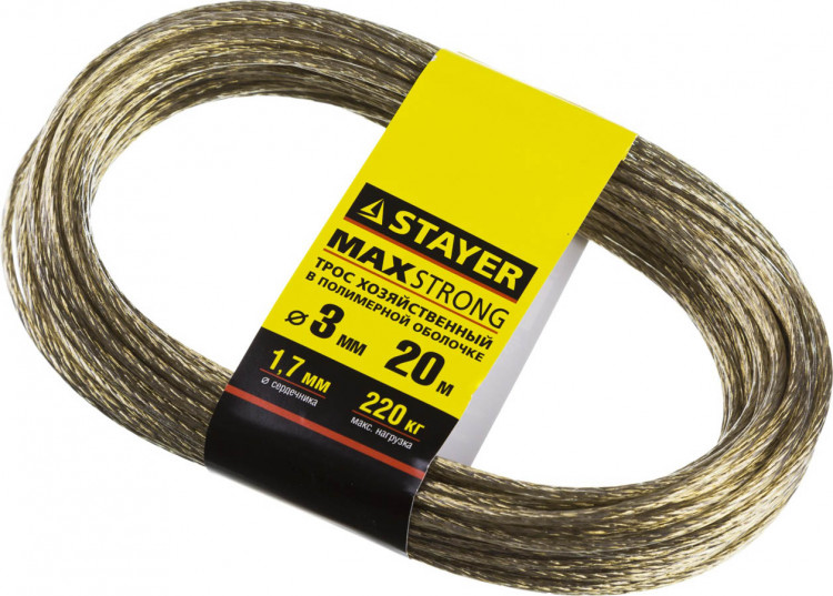 Трос STAYER 50145-3 применяется для использования при статических нагрузках. Стальной сердечник обеспечивает высокие прочностные характеристики. Покрытие троса устойчиво к воздействию агрессивных сред.