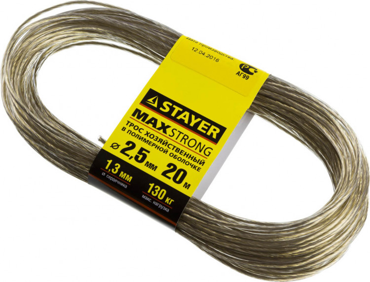Трос STAYER 50145-2.5 применяется для использования при статических нагрузках. Стальной сердечник обеспечивает высокие прочностные характеристики. Покрытие троса устойчиво к воздействию агрессивных сред.