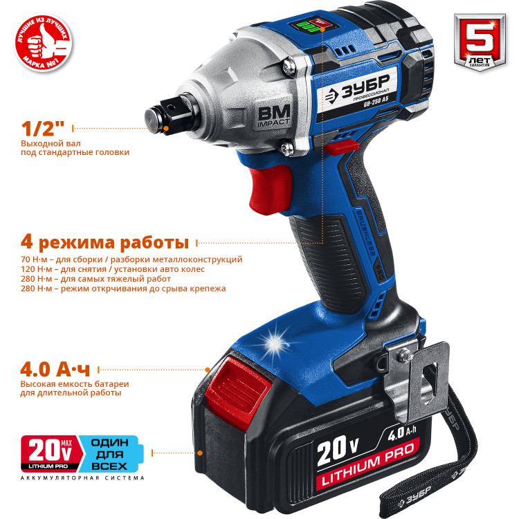 Ударный аккумуляторный гайковерт ЗУБР GB-250 A5