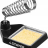 Подставка для паяльника литая STAYER Maxterm 55319 применяется для безопасности при паяльных работах. Направляющая подставки сделана так