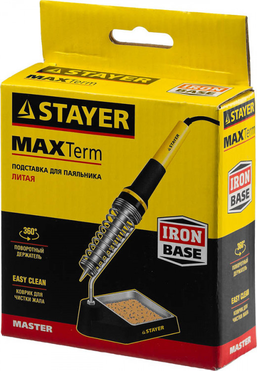 Подставка для паяльника литая STAYER Maxterm 55319 применяется для безопасности при паяльных работах. Направляющая подставки сделана так